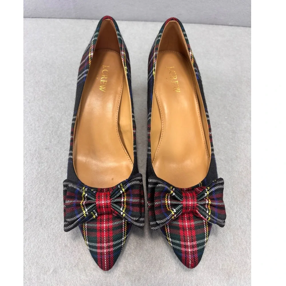 J.Crew Esme Tartan Plaid Kitten Heel Pumps W/ Bow Black & Red Sz 7.5 holiday